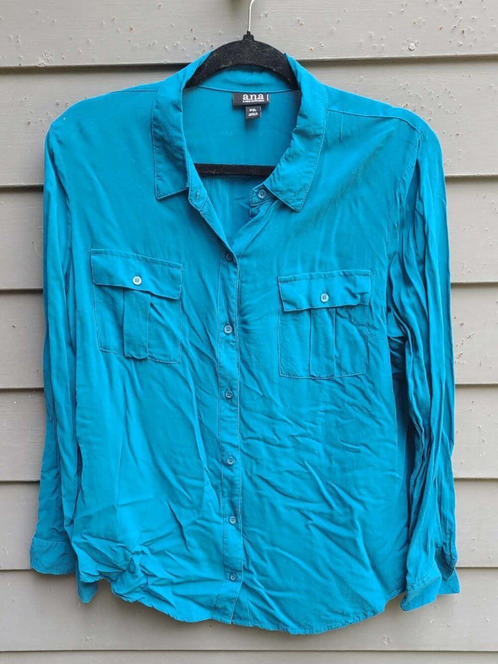ANA Green Blue Rayon Button Down Top PXL